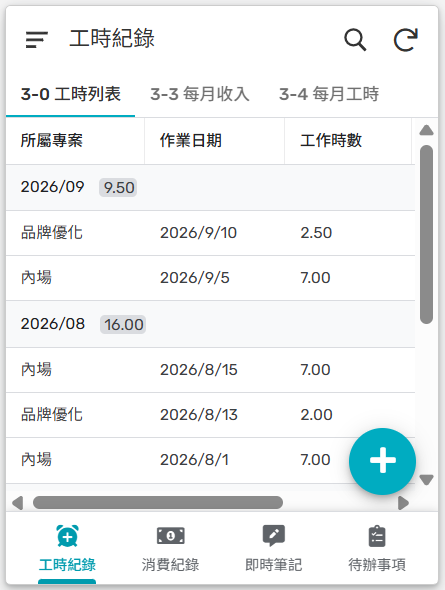 工時紀錄頁面，依月份列出各專案工作時數
