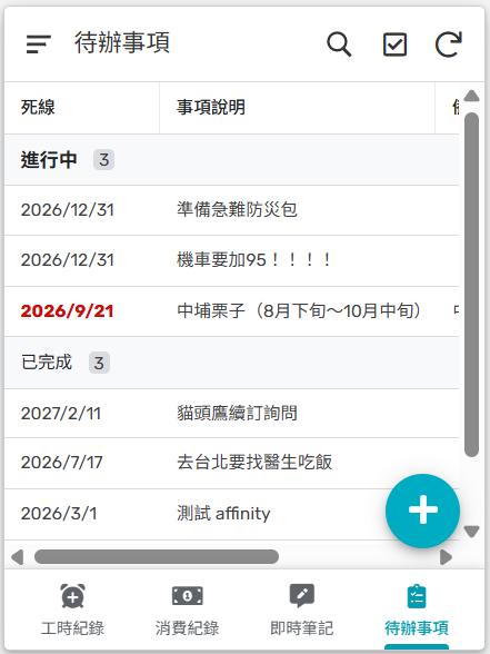 待辦事項列表，依死線排序，分進行中與已完成